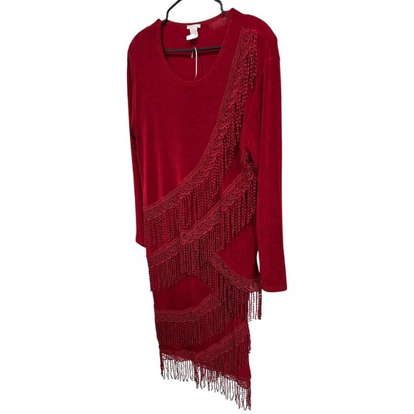 Vintage Red Stretch Fringe Dress Skirt Two Piece Set Sz Large - Picture 3 of 10